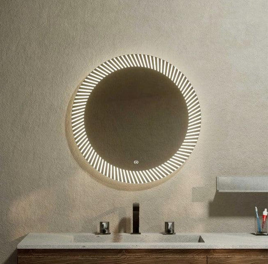 Modern bathroom with round illuminated LED mirror above double sink vanity