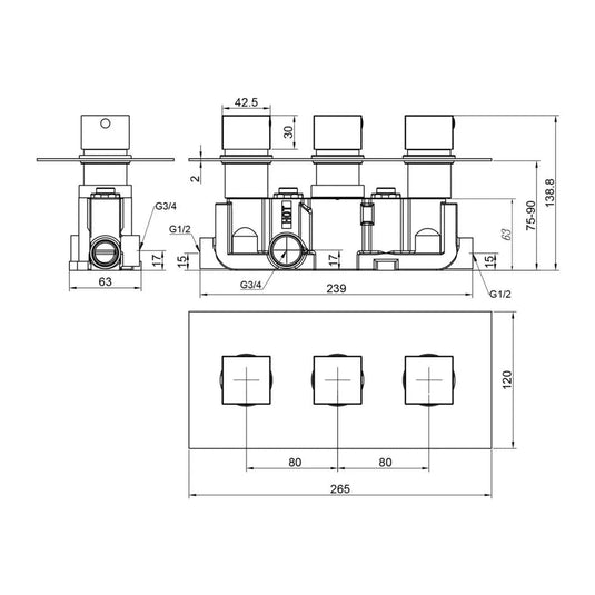 Oceana Cube Square Triple Concealed Shower Valve Chrome - Envy Bathrooms Ltd