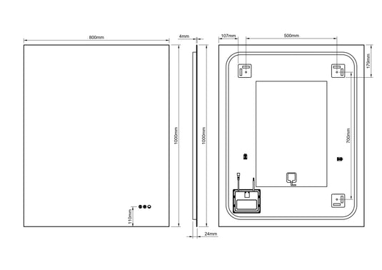 Technical drawing of rectangular bathroom mirror, 80x100cm, with detailed measurements