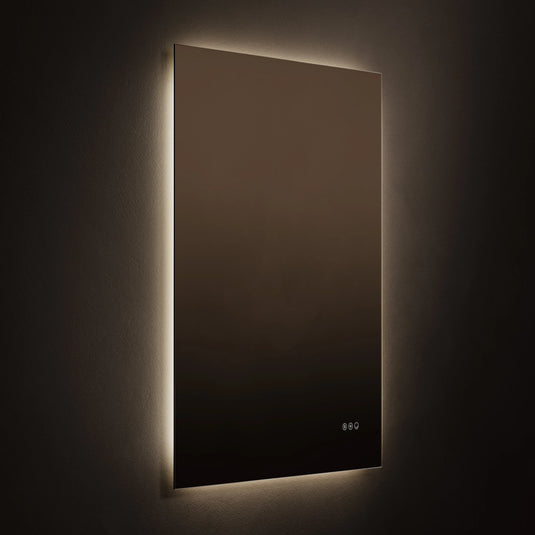 Rectangular bathroom mirror with soft LED backlighting and touch controls on wall