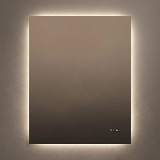 Rectangular bathroom mirror with LED backlight and touch controls on wall