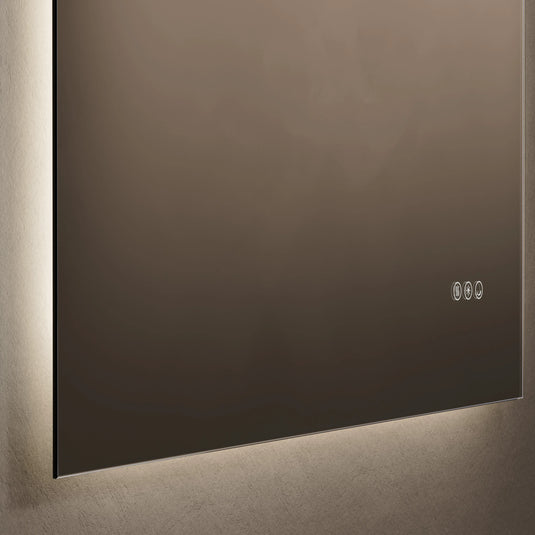 Rectangular LED bathroom mirror with touch controls and backlit lighting on wall