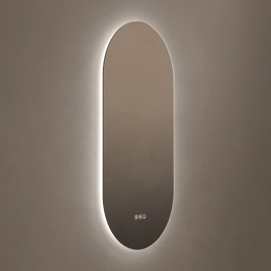 Oval capsule bathroom mirror with LED backlighting and touch controls on a neutral wall