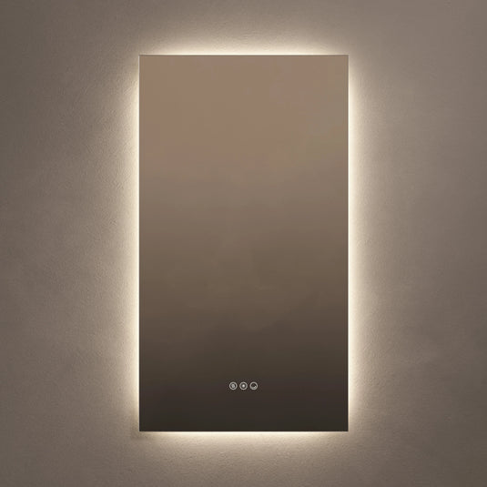 Rectangular bathroom mirror with LED backlight and touch controls on a plain wall