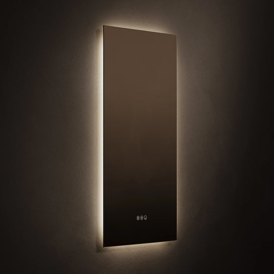 Rectangular bathroom mirror with LED backlighting and touch sensor controls, wall mounted