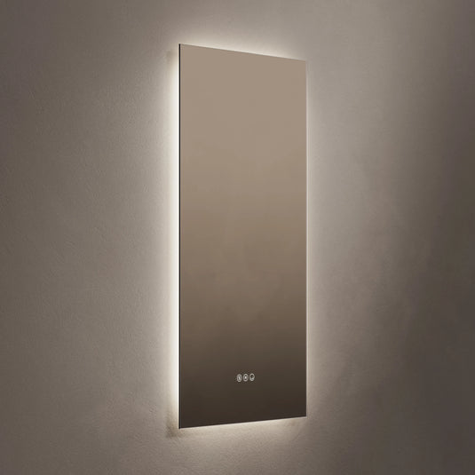 Rectangular bathroom mirror with LED backlight and touch controls, wall-mounted.
