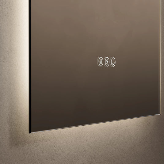 Modern rectangular bathroom mirror with touch sensor icons and soft backlit LED illumination
