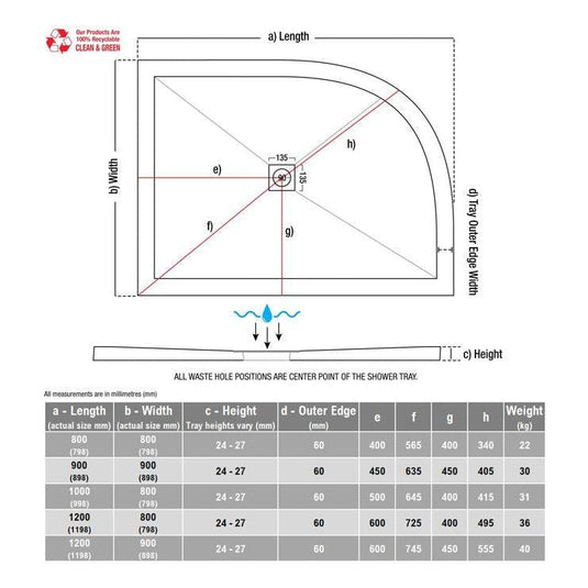 Poppy 25mm Ultra-Slim 1000mm x 800mm Offset Quadrant Tray & Waste (RH) - RUBY3868 - Envy Bathrooms Ltd