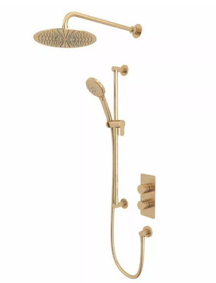 Tavistock Quantum Concealed Dual Thermostatic Shower System With Riser Kit & Overhead Shower Brushed Brass - Envy Bathrooms Ltd