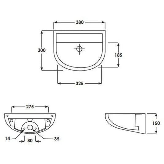 RAK Ceramics Compact 38cm Horizontal Outlet Basin - No Tap Hole - Alpine White - CO1005AWHA - Envy Bathrooms Ltd