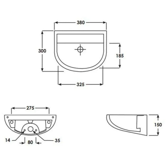 RAK Ceramics Compact 38cm Horizontal Outlet Basin - No Tap Hole - Alpine White - CO1005AWHA - Envy Bathrooms Ltd
