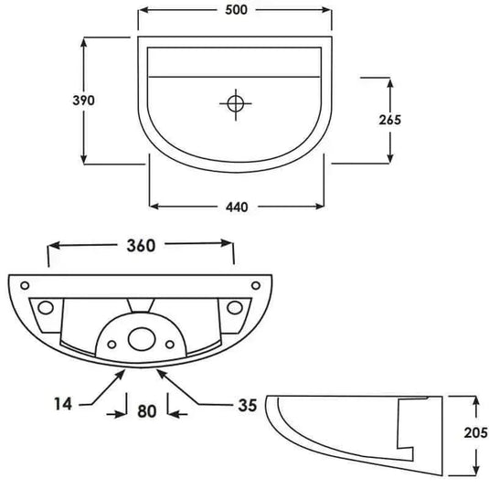 RAK Ceramics Compact 50cm Horizontal Outlet Basin - No Tap Hole - Alpine White - CO0802AWHA - Envy Bathrooms Ltd