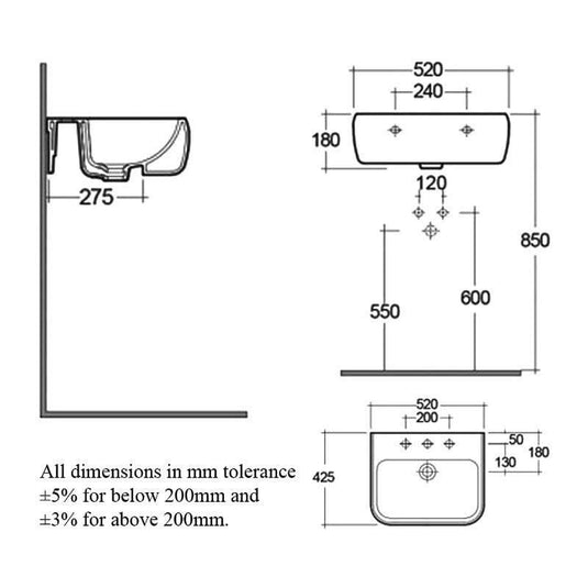 RAK Ceramics Metropolitan 52cm Semi Recessed Basin 2 Tap Holes - MP2201AWHA - Envy Bathrooms Ltd