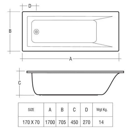 RAK Ceramics Metropolitan Single Ended Rectangular Bath 1700 x 700mm - BT57AWHA - Envy Bathrooms Ltd