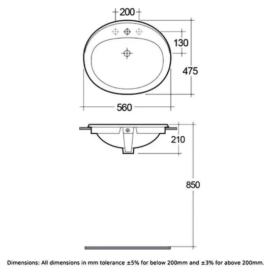 RAK Ceramics Mira 56cm Inset Basin - 2 Tap Holes - OC76NCHAWHA - Envy Bathrooms Ltd