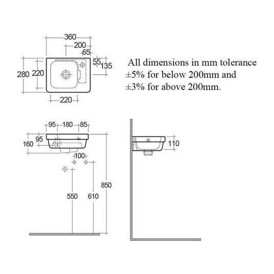 RAK Ceramics Resort 36cm Slimline Basin - 1 Tap Hole Right Hand - RST1001AWHA - Envy Bathrooms Ltd