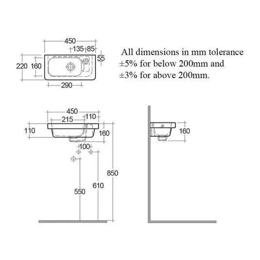 RAK Ceramics Resort 45cm Slimline Basin - 1 Tap Hole Right Hand - RST0701AWHA - Envy Bathrooms Ltd
