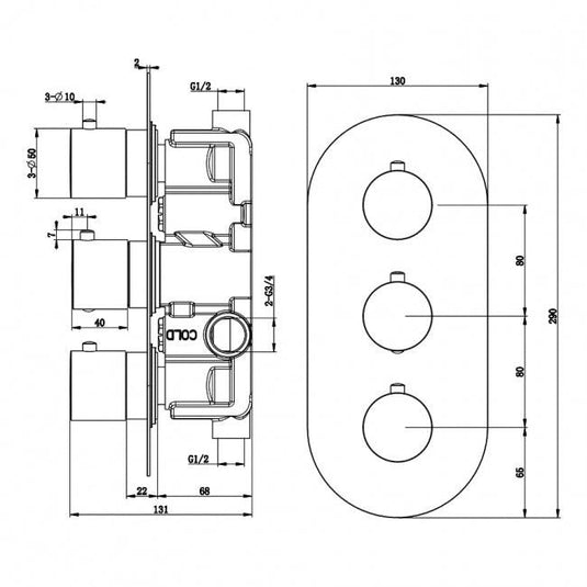 RAK Ceramics Round Dual Outlet 3 Handle Thermostatic Concealed Shower Valve - Chrome - RAKSHW3203R - Envy Bathrooms Ltd