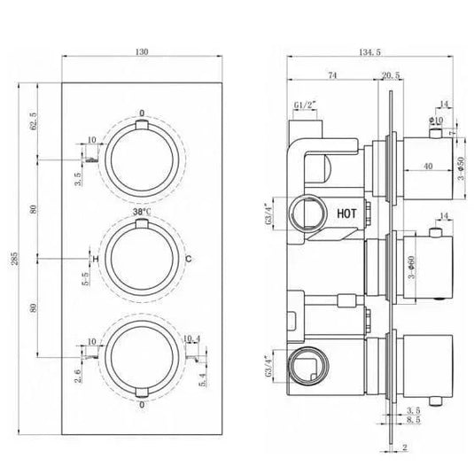 RAK Ceramics Round Triple Outlet 3 Handle Thermostatic Concealed Shower Valve - Chrome - RAKSHW3204R - Envy Bathrooms Ltd