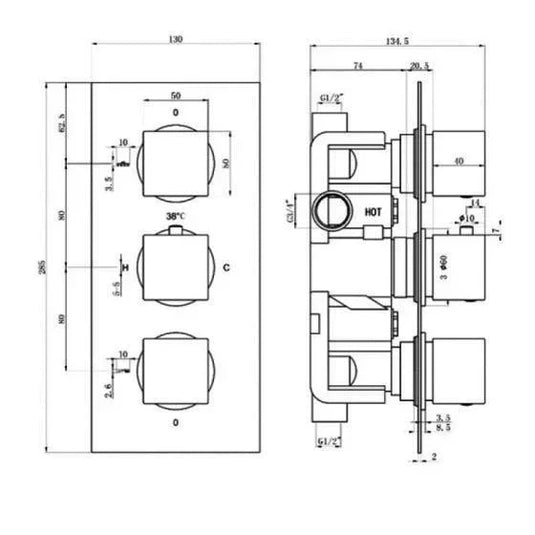 RAK Ceramics Square Dual Outlet 3 Handle Thermostatic Concealed Shower Valve - Chrome - RAKSHW3203S - Envy Bathrooms Ltd