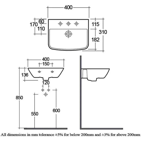 RAK Ceramics Summit 40cm Wall Hung Basin - 1 Tap Hole - SM0701AWHA - Envy Bathrooms Ltd