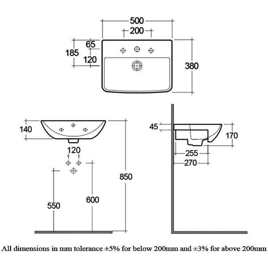 RAK Ceramics Summit 50cm Semi Recessed Basin - 1 Tap Hole - SM0901AWHA - Envy Bathrooms Ltd