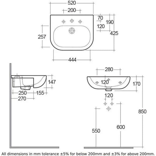 RAK Ceramics Tonique 52cm Semi Recessed Basin - 1 Tap Hole - TQ0901AWHA - Envy Bathrooms Ltd