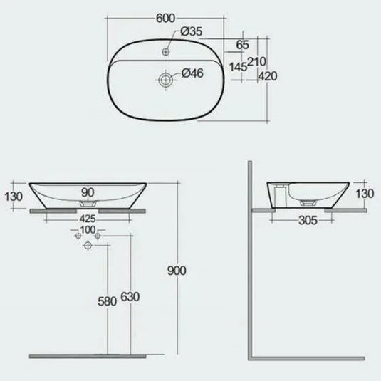 RAK Ceramics Variant Elongated Oval Counter Top Wash Basin 600mm 1TH with Tap Ledge - Alpine White - VARCT36001AWHA - Envy Bathrooms Ltd