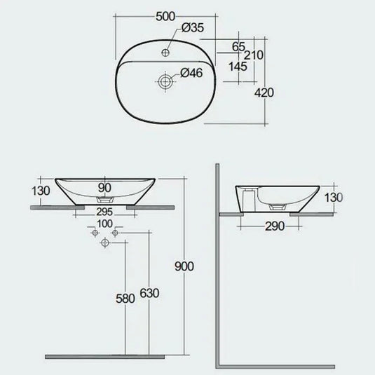 RAK Ceramics Variant Oval Counter Top Wash Basin 500mm 1TH with Tap Ledge - Alpine White - VARCT25001AWHA - Envy Bathrooms Ltd