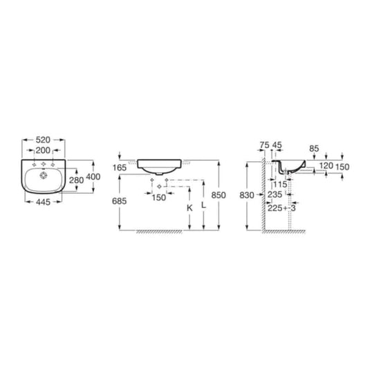Roca Debba Semi-Recessed Basin 1 Tap Hole | A32799S000