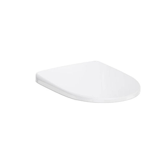 White soft-close toilet seat with a sleek, modern design on a plain background