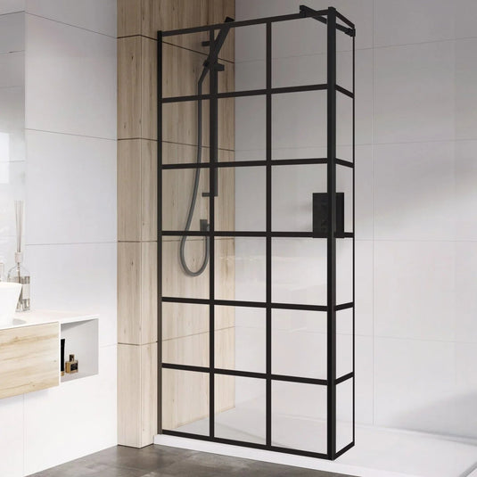 Roman Haven Select 900mm Black Grid Wetroom Panel (8mm) - Matt Black - H8SP9GPB - Envy Bathrooms Ltd