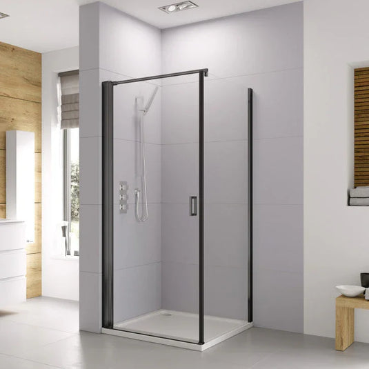 Roman Haven6 760 x 800mm Frameless Pivot Door & Side Panel For Corners - Matt Black - H3FPC76CB+H3F1R8CB* - Envy Bathrooms Ltd
