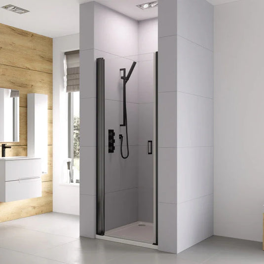 Roman Haven6 900mm Frameless Pivot Door For Alcoves - Matt Black - H3FP9CB - Envy Bathrooms Ltd