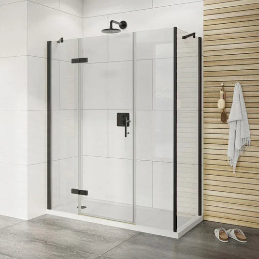 Roman Innov8 1600 x 800mm Hinged Door with 2 Inline Panels & Side Panel For Corners - Matt Black - NLHDR13B+ NLHR1613B+N3R813B* - Envy Bathrooms Ltd