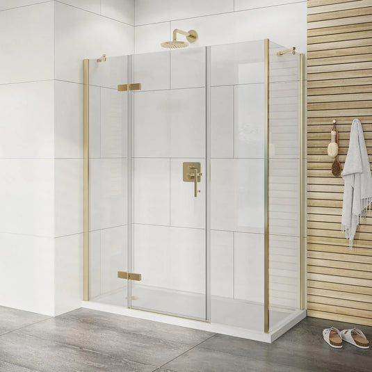 Roman Innov8 1400 x 900mm Hinged Door with 2 Inline Panels & Side Panel For Corners - Brushed Brass - NLHDR13BBR+NLHR1413BBR+N3R913BBR* - Envy Bathrooms Ltd