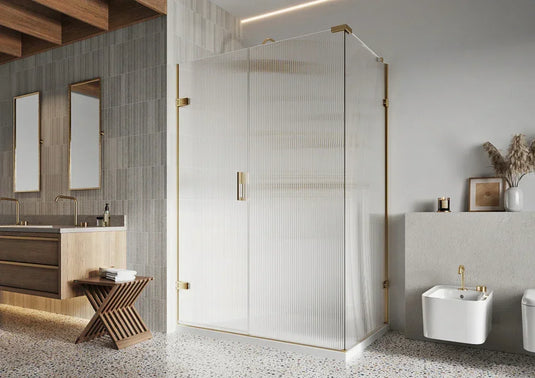 Roman Liberty 1600 x 800mm Fluted Hinged Door with One Inline Panel & Side Panel For Corners (RH - 8mm) - Brushed Brass - KL1HDRFRBR+KL1HR16FRBR+KHR8FRBR* - Envy Bathrooms Ltd