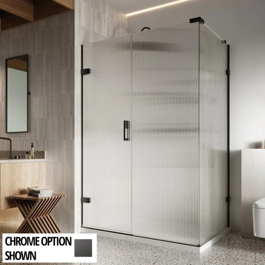 Roman Liberty 1600 x 900mm Fluted Hinged Door with One Inline Panel & Side Panel For Corners (LH - 8mm) - Matt Black - KL1HDRFLB+KL1HR16FLB+KHR9FLB* - Envy Bathrooms Ltd