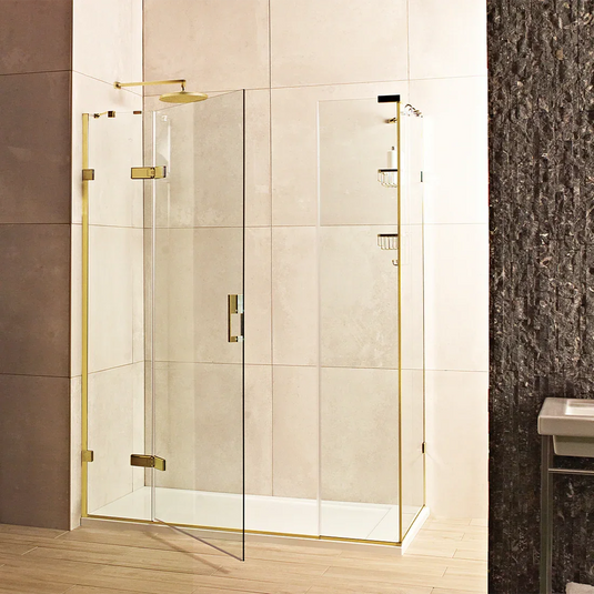 Roman Liberty 1600 x 900mm Hinged Door With 2 Inline Panels & Side Panel For Corners (8mm) - Brushed Brass - KLHDR13BR+KLHR1613BR+KHR913BR* - Envy Bathrooms Ltd