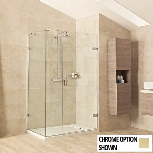 Roman Liberty 1600 x 800mm Hinged Door with One Inline Panel & Side Panel For Corners (8m) - Brushed Brass - KL1HDR13BR+KL1HR1613BR+KHR813BR* - Envy Bathrooms Ltd