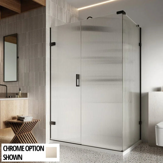 Roman Liberty 1600 x 800mm Fluted Hinged Door with One Inline Panel & Side Panel For Corners (LH - 8mm) - Polished Nickel - KL1HDRFLPN+KL1HR16FLPN+KHR8FLPN* - Envy Bathrooms Ltd