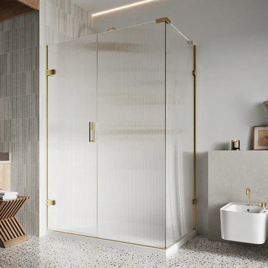 Roman Liberty 1600 x 800mm Fluted Hinged Door with One Inline Panel & Side Panel For Corners (RH - 8mm) - Brushed Brass - KL1HDRFRBR+KL1HR16FRBR+KHR8FRBR* - Envy Bathrooms Ltd