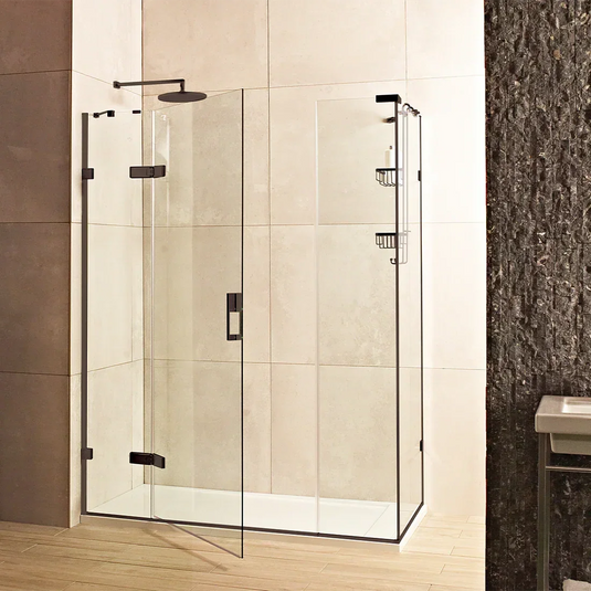 Roman Liberty 1600 x 800mm Hinged Door With 2 Inline Panels & Side Panel For Corners (8mm) - Matt Black - KLHDR13B+KLHR1613B+KHR813B* - Envy Bathrooms Ltd