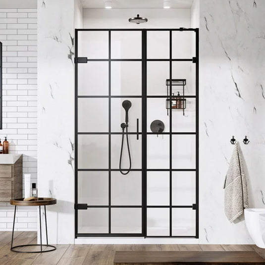 Roman Liberty 900mm Black Grid Hinged Door with Inline for Alcoves (LH - 10mm) - Matt Black - TL1HDBGBL+TL1H9BGBL* - Envy Bathrooms Ltd
