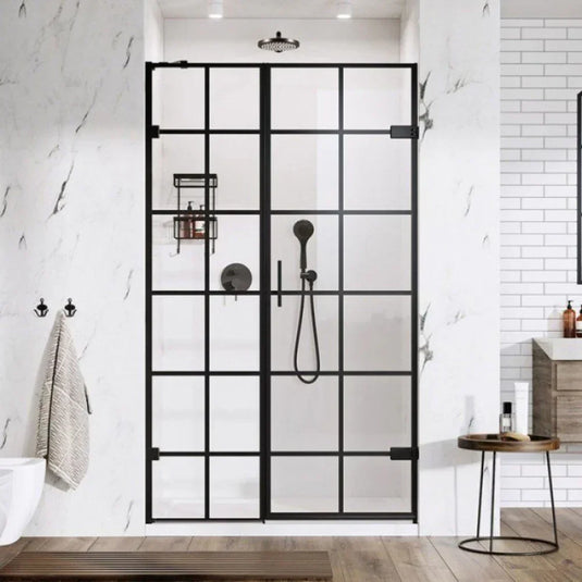 Roman Liberty 900mm Black Grid Hinged Door with Inline for Alcoves (RH - 10mm) - Matt Black - TL1HDBGBR+TL1H9BGBR* - Envy Bathrooms Ltd