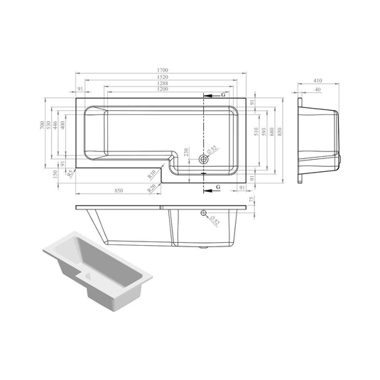 Ruby Gunner L Shape 1700x850x560mm 0TH Shower Bath Pack (RH) - RUBY105601 - Envy Bathrooms Ltd
