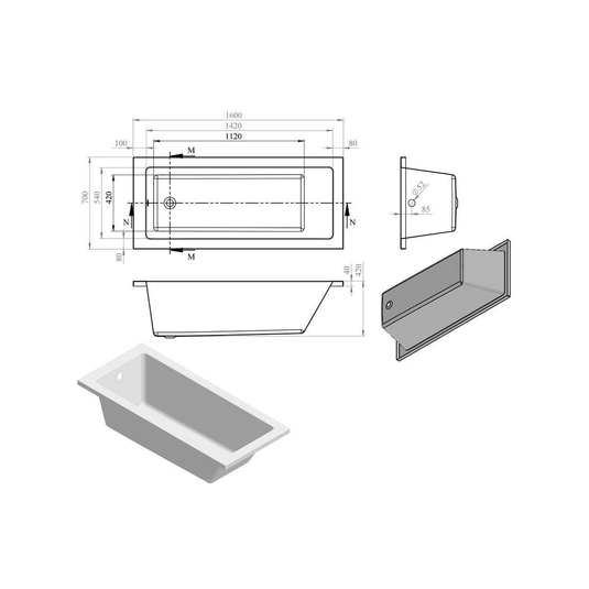 Ruby Gunner Square Single End 1600x700x550mm 0TH Bath w/Legs - RUBY105620 - Envy Bathrooms Ltd