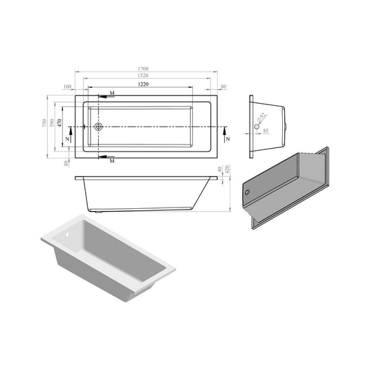 Ruby Gunner Square Single End SUPERCAST 1700x750x550mm 0TH Bath w/Legs - RUBY105626 - Envy Bathrooms Ltd