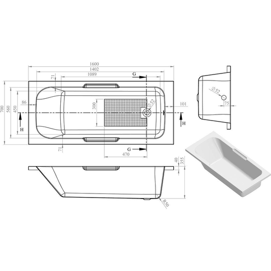 Ruby Holly Gripped 1600x700x550mm 0TH Bath w/Legs - RUBY105615 - Envy Bathrooms Ltd