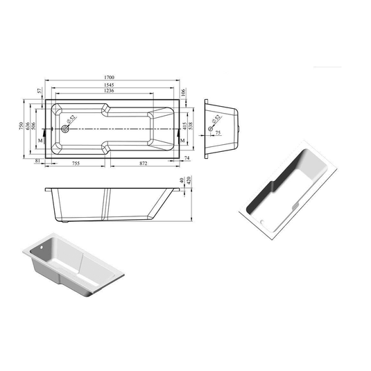 Ruby Kobe Straight 1700x750x550mm 0TH "C" Shower Bath w/Legs - RUBY105667 - Envy Bathrooms Ltd